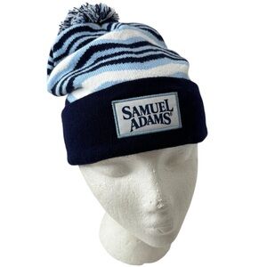 Samuel Adams Beer Unisex Blue and white striped Beanie Hat winter knit pom-pom